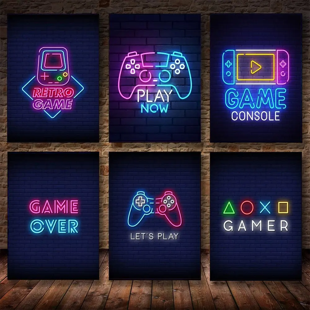 6pcs/set Frameless Eat Sleep Game Repeat Artistic modern minimalist design Neon Style Minimalist Poster Prints Gamer Canvas Painting Gamepad Wall Art Picture for Playroom Home Room Decoration Modern Home Decor