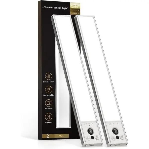10inch Under Cabinet Lighting, 2 Pack 2400mAh Rechargeable Wireless Motion Sensor Lights Indoor, Dimmable Magnetic Closet Lights, Under Counter Lights for Kitchen, Pantry, Stairs