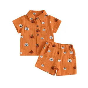 Toddler Baby Boy Halloween Outfit Pumpkin Print Button Down Short Sleeve Muslin Shirt Tops Shorts Set Fall Clothes