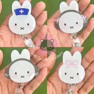 White Rabbit Badge Reel, Bunny ID Holder, Retractable, Accessory, Coworker
