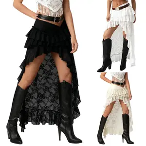 Women's Boho Western Lace Tiered Ruffle Asymmetrical High-Low Skirt - Chic Cowgirl Style for Concerts & Casual Wear in Black, White, Beige