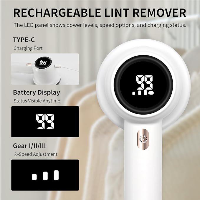 Professional Rechargeable Fabric Shaver – 2 Replaceable Stainless Steel 6-Leaf Blades (1 Free Extra Included), 3-Speed Settings, LED Display, 2600mAh Battery, Portable Lint Collector for Clothes, Sweaters & Furniture, Fuzz, Pills & Hairball Remover