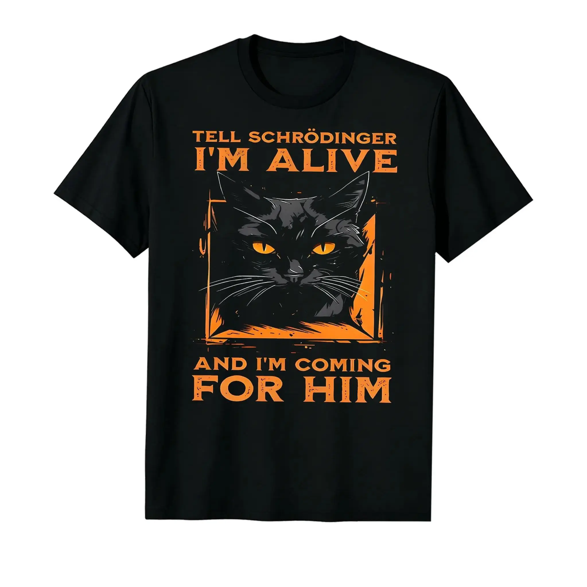 Quantum Mechanics Meme Print Casual Crew Neck Men's T-Shirt, Cat Pattern Men's Top, Gift for Quantum Enthusiasts, Fun T-Shirt for Friends, Halloween Party Novelty Shirt, Orange-Eyed Black Cat Print Men's Clothing, Fun Gift, Casual W