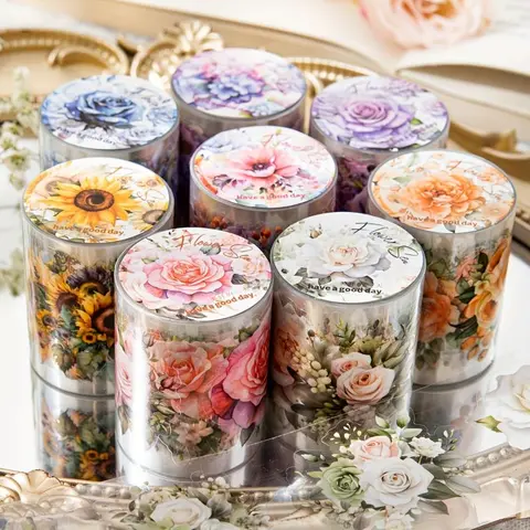 Flower Pattern Tape, 8 Rolls Waterproof Adhesive Tape, Diy Decorative Tape for Scrapbooking, Journaling, Gift Wrapping, Greeting Cards, Scrapbook Materials