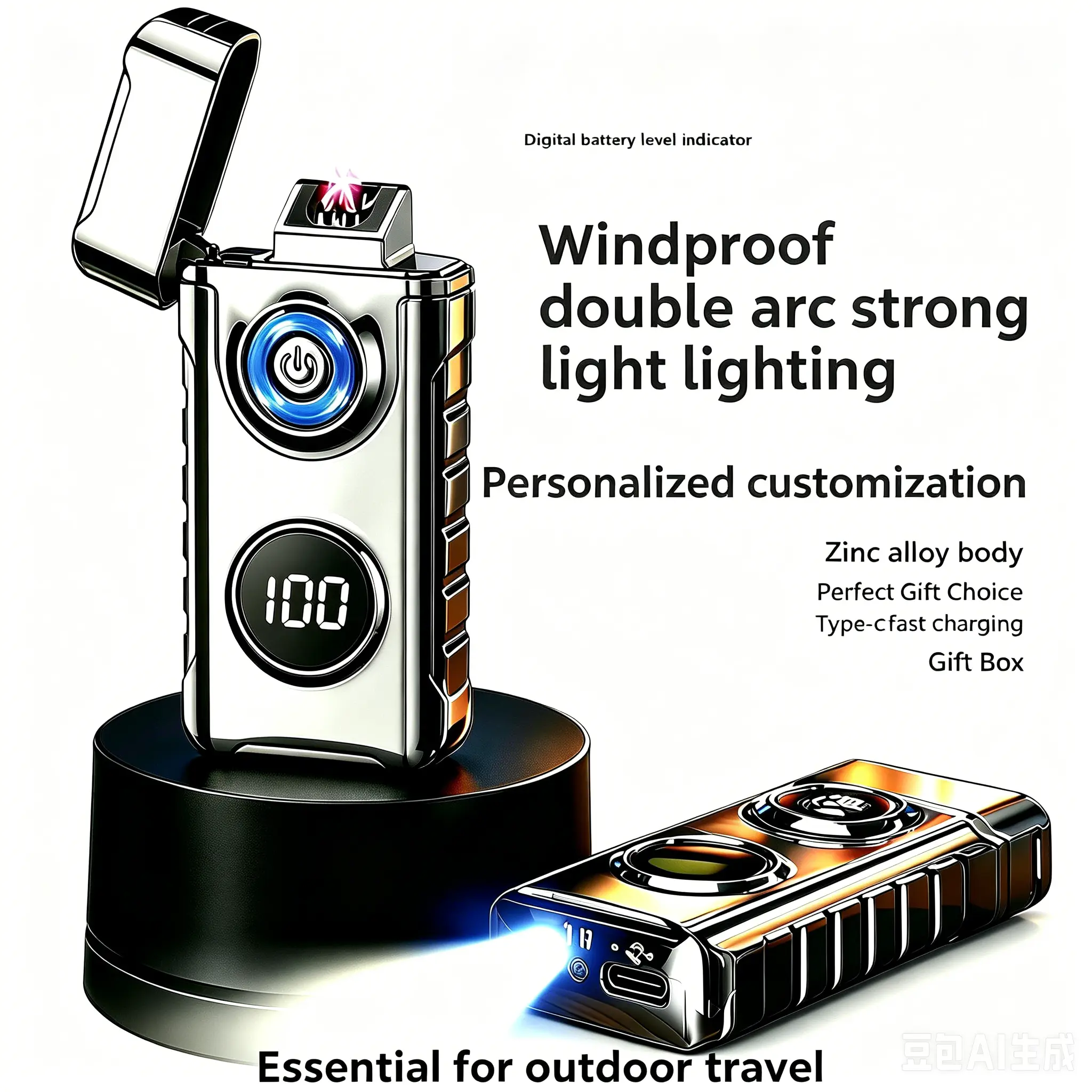 USB Rechargeable Metal Plasma Arc Electronic Lighter - Windproof Flameless Home Supplies Accessory with LED Night Light, Safety Lock, for Candle Use, Cool Gift for Men, Rechargeable Lighters