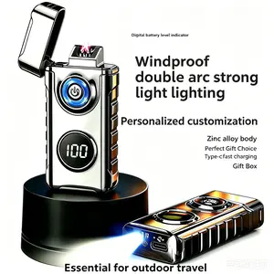 USB Rechargeable Metal Plasma Arc Lighter with LED Night Light, Windproof Flameless Electric Design, Safety Lock – Men's Accessories for Candle, BBQ Use, Cool Gift for Men