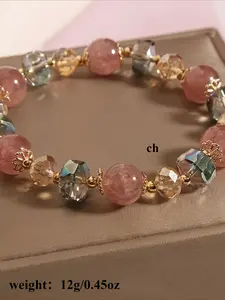1pc Bohemian Style Lucky Bracelet with Pinkish-Purple Glass Beads & Multicolor Artificial Crystal Accents - Unisex Fashion Jewelry for Daily Wear, Parties, Teacher's Day, Graduation Gifts - All-Season Durable Desig - Boho Style Bracelet