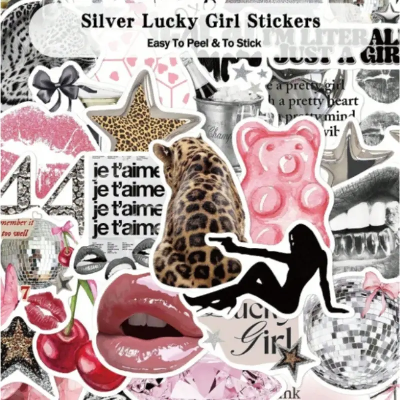 50pcs Silver Lucky Girl Stickers Scrapbook Skateboard Guitar Suitcase Scrapbook Decor DIY Graffiti Stickers Diy Art Stickers DIY Decorative Stickers