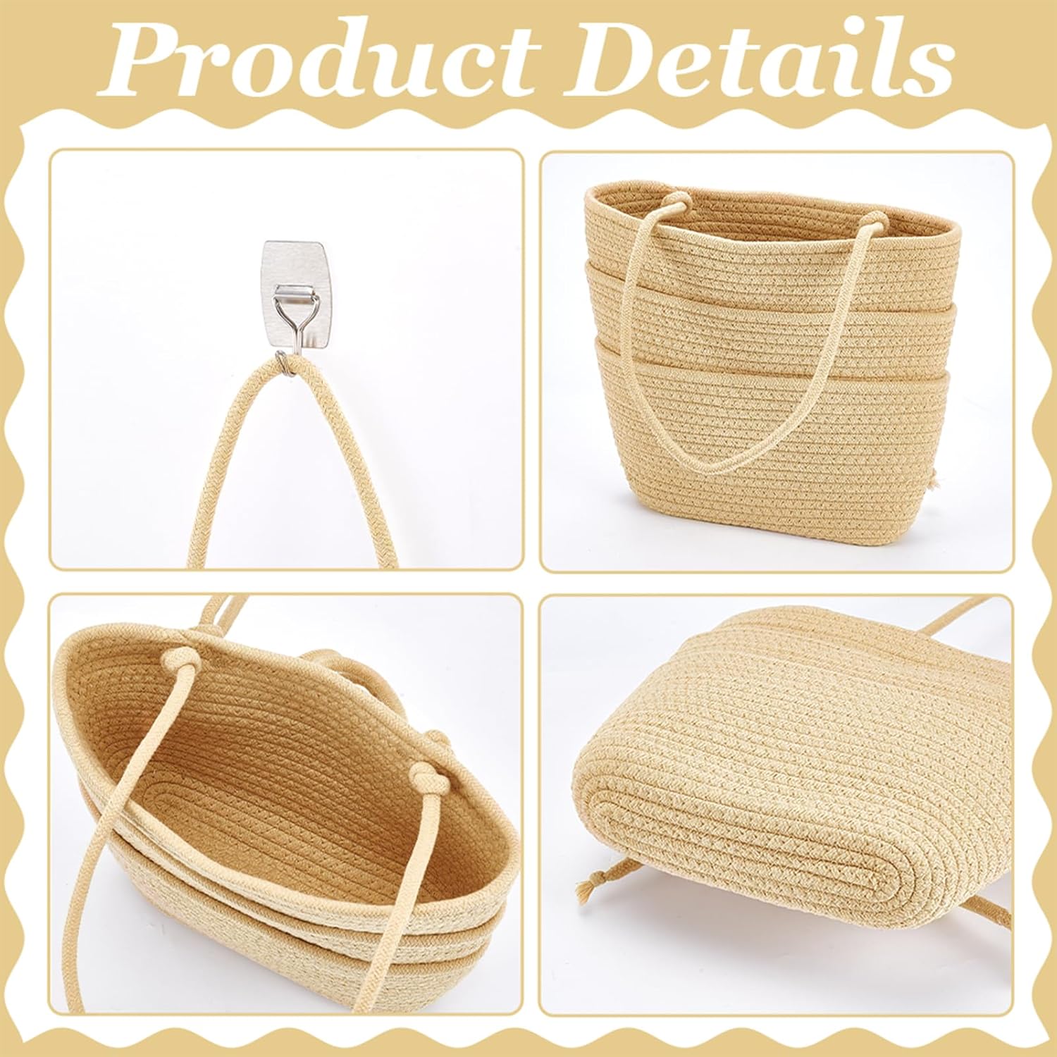 【Handmade】Woven cotton 3-Tier Over the Door Basket, Wall-Mounted Jute Storage Organizer–Decorative Nursery Baskets, Perfect for Busy Mom/Dad to Store Diapers & Toys small basket Gift Hook laundry basket house organizers decor storage basket giftsforfamily