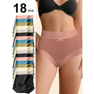 QUASTI 18-Pack Women’s Mid-Rise Ice Silk Panties, Silky-Soft Airy Full-Coverage Lightweight Invisible Underwear, Seamless Gentle Minimalist Fit Briefs, Invisible No Panty Lines, Breathable Daily Essentials, S-XXL Black Womenswear Smooth