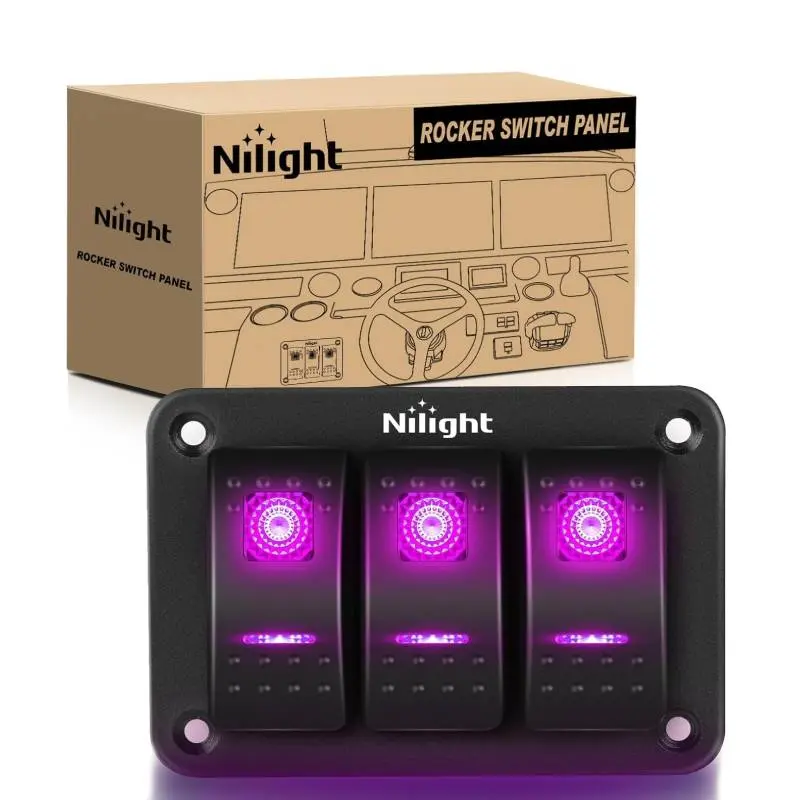 Nilight 3-Gang 5-Pin Aluminum ON/OFF Rocker Switch Panel - Auto Replacement Part with LED Lights, Purple Ambient Lighting for Outdoor Automotive Battery Systems