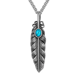 GulCean Turquoise Feather Necklace For Men Women Titanium 316 Stainless Steel Vintage Silver Simple Bohemia Fashion Hippie Boho Indian Long Feather Pendant Necklace Non Tarnish Jewelry Stylish Accessories Birthday Gift For Boyfriend Husband Wife Dad Mom