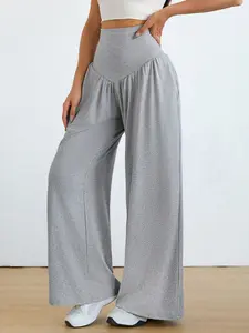 Women's Loose Wide-Leg Yoga Pants, High-Waisted Pleated Waistband, Pocket Design, Casual Running Long Pants, Comfortable and Stylish, Gym Sportswear Bottoms