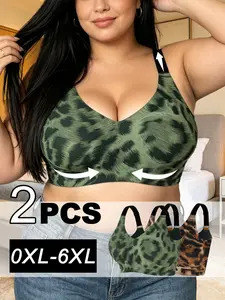 2pcs plus-size shape-enhancing underwire-free bras with leopard print design. They fit different breast shapes perfectly, are skin-friendly and sweat-resistant, suitable for daily wear and light exercise.