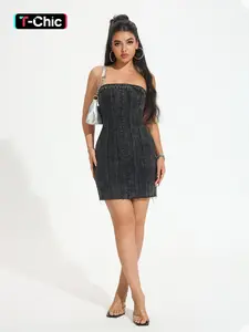 Women's denim tube top dress, strapless tube top design, tight waist version, Fitted, casual fashion, party wear, summer women's denim dress, Womenswear