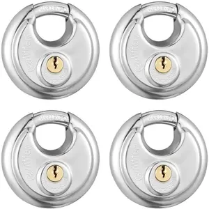 Stainless Steel Disc Padlocks 4 Pack, Secure Keyed Alike Locks for Storage Units and Trailers, Durable Weatherproof Padlocks with Keys, Heavy Duty Lock Set for Sheds, Garages and Toolboxes wall hook