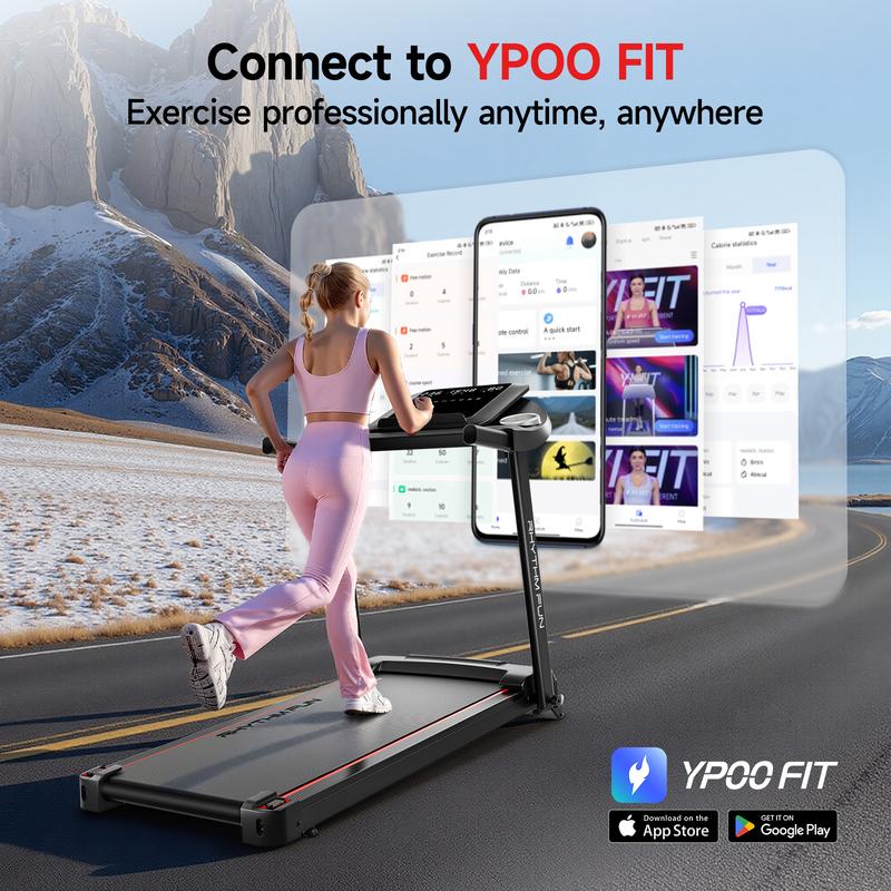 RHYTHM FUN 8 MPH Foldable Treadmill with Incline 300 lbs Capacity Running Machine 12 Pre-Installed Programs LED Display & App Control Multifunctional Walking Pad Multifunctional Workout Station  Home Fitness Equipment exercise equipment