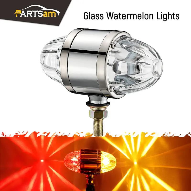 Partsam Glass Watermelon LED Tail Light Assembly - Zinc Alloy Housing, Clear Lens, 10-30V Post Mount Turn Signal Marker Light for Peterbilt Freightliner Semi Trucks/Trailers, Universal Fit