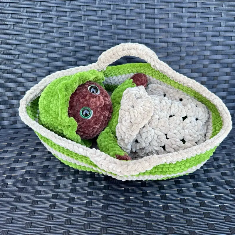 Handmade Crochet Newborn Baby Doll with Matching Basinet, Blanket and Pillow