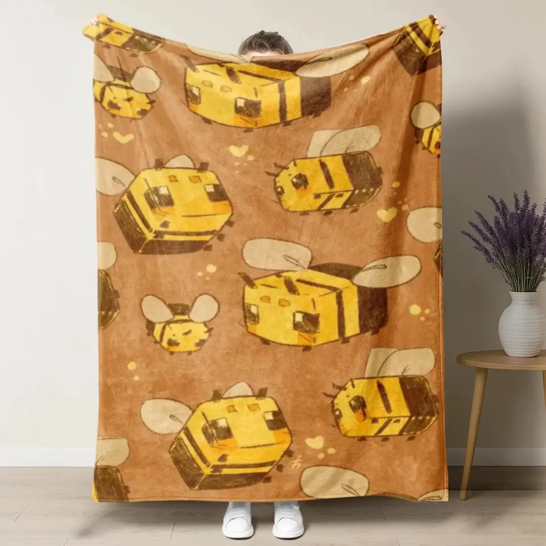 Cute Minecraft Blocky Bee Throw Blanket - Kawaii Mine-craft-Inspired Honeybee Fleece Blanket for Gamers Kids - Soft Cozy Yellow Aesthetic Room Decor for Fans