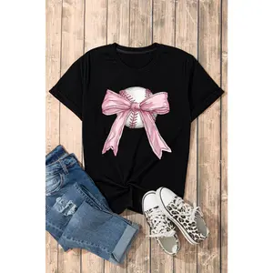 Black Baseball Bow Knot Print Round Neck T Shirt