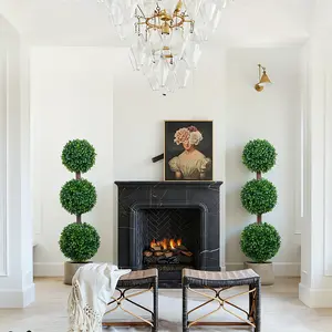 2 Pack 3FT Artificial Triple Ball Boxwood Topiary Tree, Realistic Faux Greenery with Black Planter, Indoor Outdoor Use for Entryway Living Room Patio
