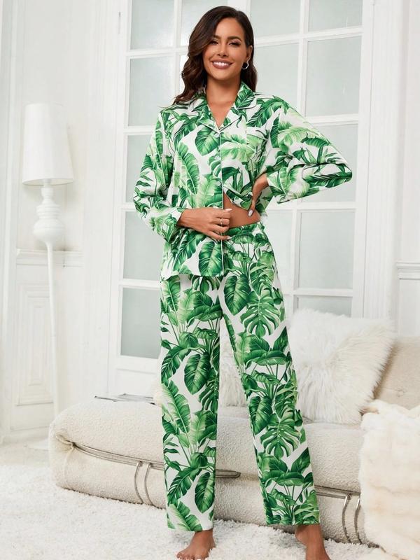 Tropical Green Leaf Silk Satin Pajama Set – Women’s 2 Piece Long Sleeve Button Down Sleepwear