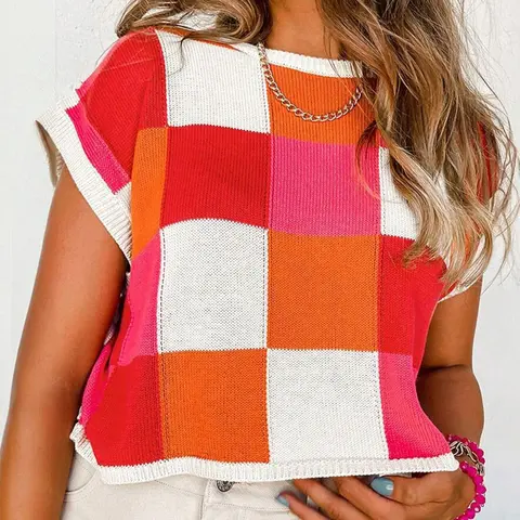 Women's Checkerboard Print Crewneck Cap Sleeve Sweater, Casual Round Neck Jumper for Summer, Sweaters for Women, Knitwear for Daily Wear, Lightweight Knit Sweater, Fashion Knitwear, Casual Soft Pullover, Casual Comfy Top
