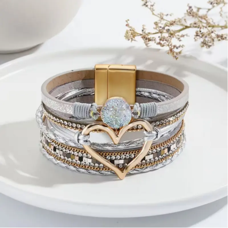 Elegant Bohemian Heart Magnetic Clasp Bracelet, Multi-Layer PU Leather, Woven Design, Crystal Accents, Heart Pendant, Jewelry Bracelet Design, High Quality Bracelet, Boho Style Bracelet, Beautiful Bracelets