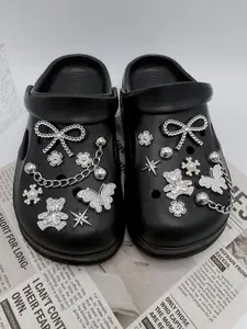 18 Piece Cute Silver Color Bear Heart Flower Butterfly Half Bead Chain Shoe Decoration DIY Accessory, Fun Multifunctional Gift for Parties, Chain Shoes Charms