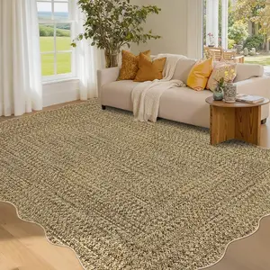 Washable Scalloped Area Rug for Living Room Bedroom, Braided Print Solid Rugs with Non Slip Back Indoor Modern Large Under Table Carpet for Dining Room Office Stain Resistant Ultra Thin Floor Cover for Home Decor