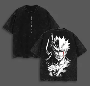 valentine shirts Ichigo Final Arc T-Shirt Bleach Thousand-Year Blood War Anime Graphic Tee Bankai True Form Oversized Acid Washed Cotton Shirt Manga Streetwear Gift for Anime Fans