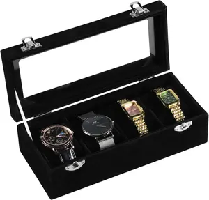Watch Box 4-Slot Velvet Watch Case with Glass Lid Watch Organizer Box Men