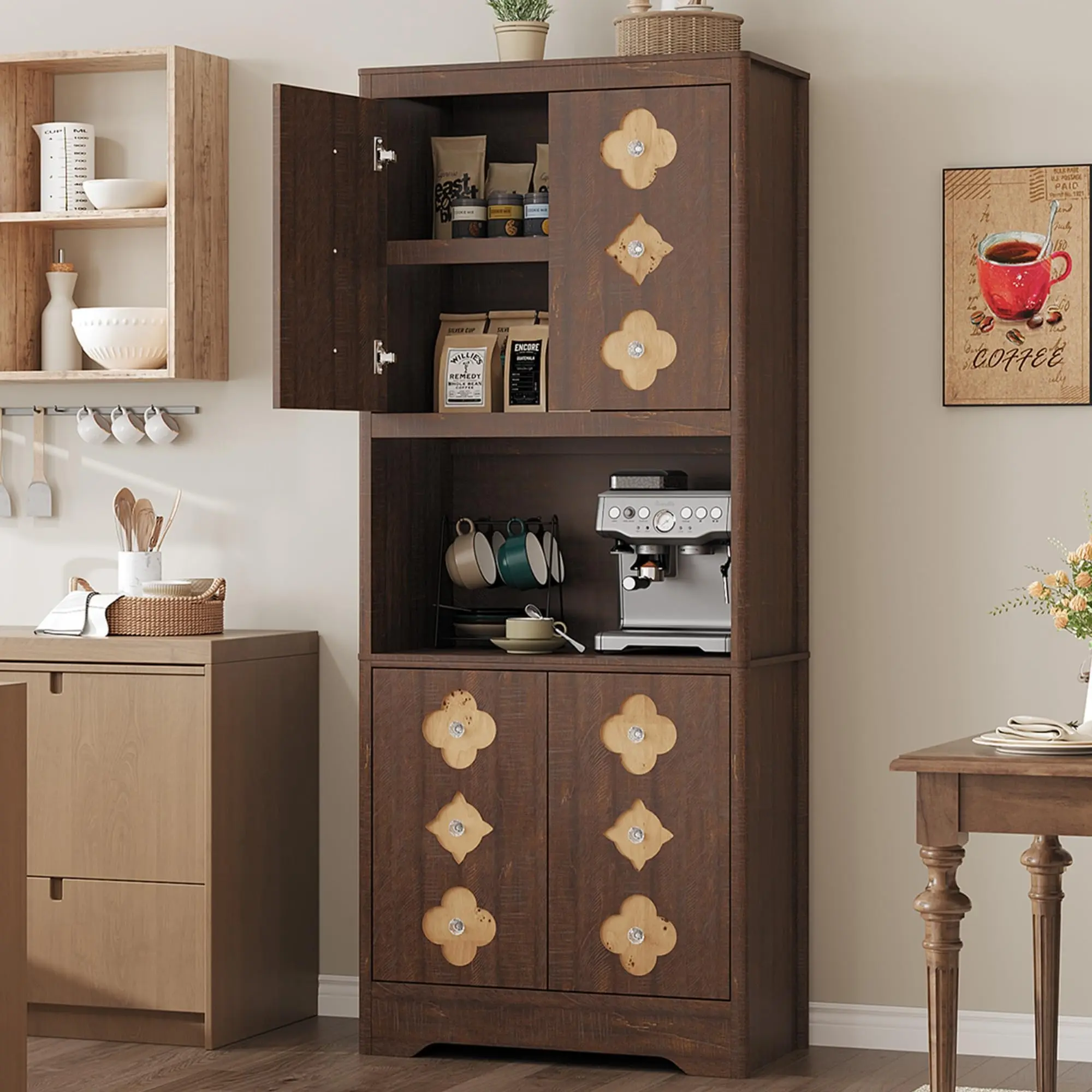 Garvee Sturdy 72" Height Engineered Wood Kitchen Pantry Cabinet, 30"w x 16"d x 70"h Freestanding Cupboard with Open Microwave Shelves, Carved Door, Crystal Handle, Anti-Tip Kits, Built-In Cord Hole, 104.1 lbs, for Dining Room, Reddish Brown