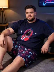 Summer Men's Plus Size Pajamas, Short Sleeve Shorts, Casual Sleepwear, Breathable, Relaxed Fit, Polyester Mesh Fabric, Elastic Round Neck, All Seasons