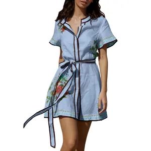 CHARTOU Women's Floral Linen Button Down Wrap Tie Knot Boho Beach Shirt Dress with Belt