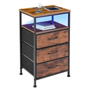 Nightstand with Charging Station, Bedside Table with 3 Drawers, USB/Type-C Ports & LED Light, Rustic Brown Wood Grain Finish