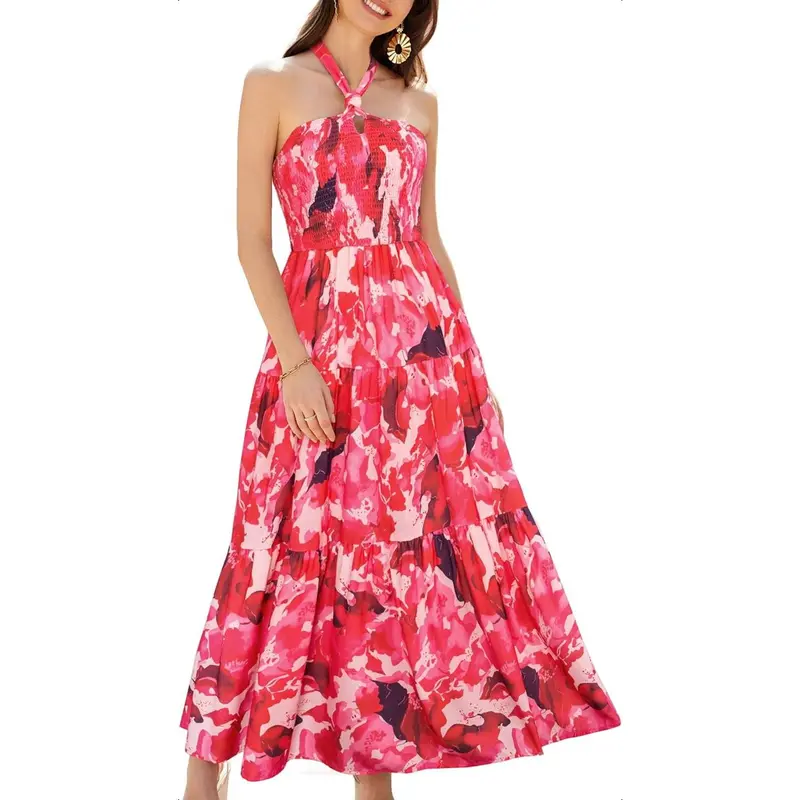 Women's Summer Dresses 2025 Halter Neck Sleeveless Smocked Backless Cut Out Floral Flowy A Line Maxi Dress plus  size  prom  dresses summer  dress  2025 gown body  con party club holiday