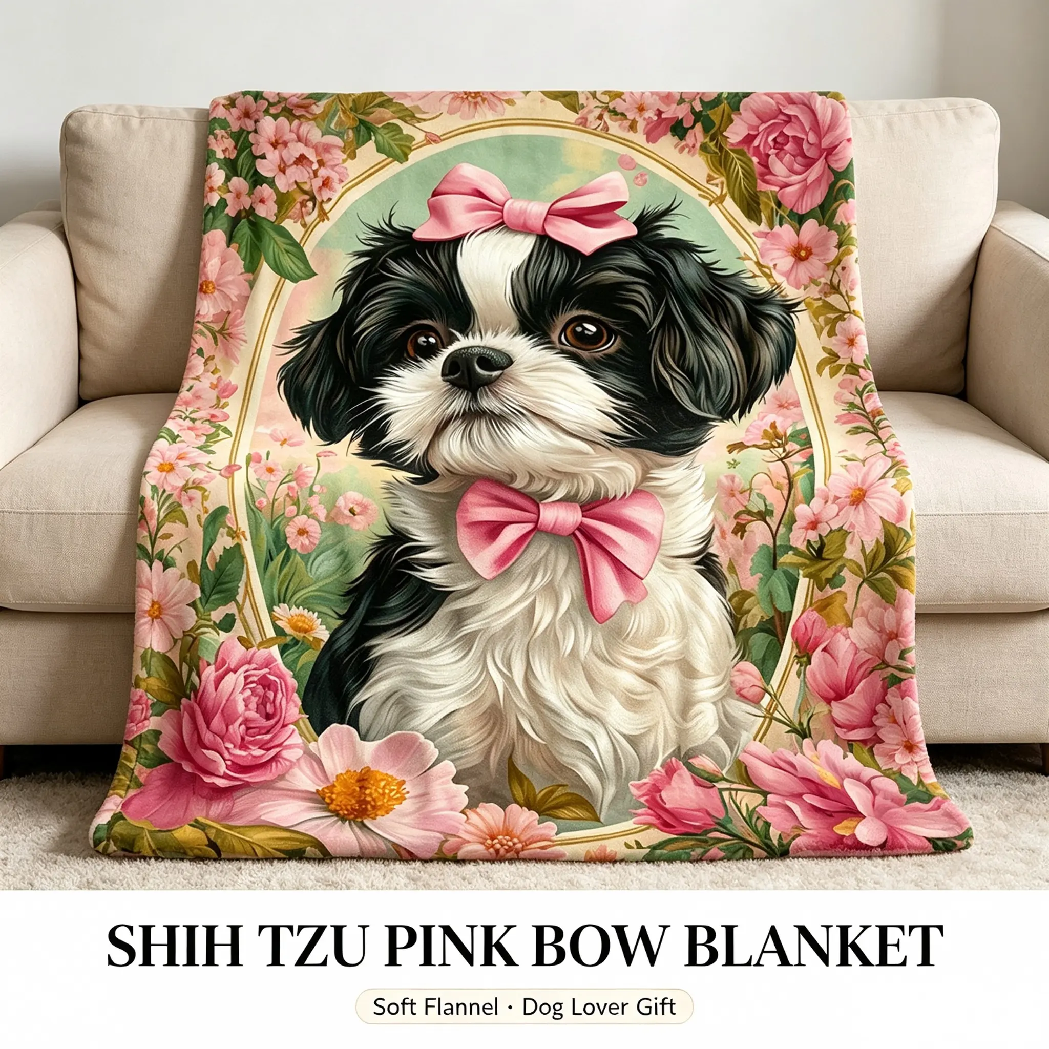 Dog Wall Blanket , Cute Puppy with Pink Roses Floral Frame Wall Hanging, Vintage Cottagecore Home Decor for Living Room Bedroom, Gift for Dog Mom,