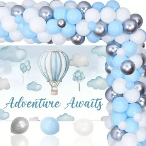 1Set Hot Air Balloon Backdrop Travel Adventure Baby Shower Decorations Blue Adventure Awaits Backdrop with Balloon Garland Arch Kit for Boys Baby Shower Birthday Party Supplies