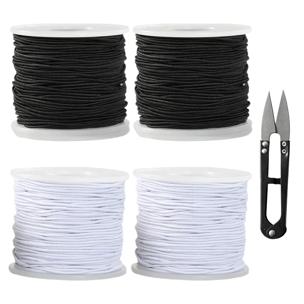 Elastic Cord Kit, 4 Rolls Black & White 1mm Fabric-Coated Stretchy String for Jewelry Making, Crafts, and Hair Bands - Includes Beads & Scissors
