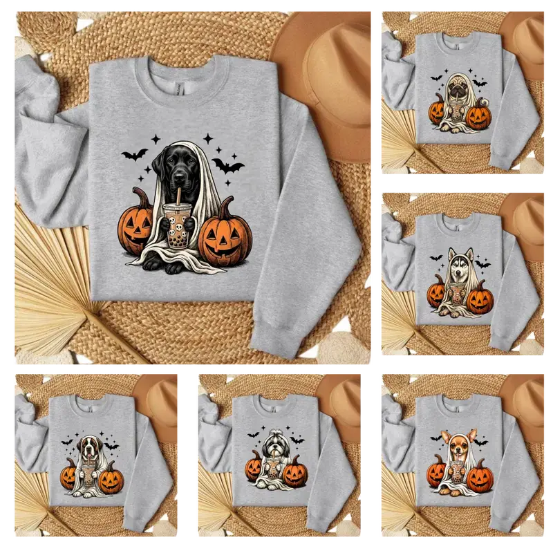 Gildan 18000 Unisex Crewneck Sweatshirt – 50+ Cute dog Ghost Halloween Sweatshirt, Bubble Tea Dog Lover Gift Tee, Cold Wash, Hang Dry Or Tumble Dry On Low, Fashion, Ansi/Isea 107 Compliant, Graphic, Oeko-Tex Certified