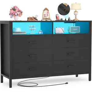 Homieasy Black Dresser for Bedroom, 6 Drawer Dresser with LED Lights and Outlet, Dresser TV Stand for Living Room, Hallway, Entryway dresser for baby wood dresser