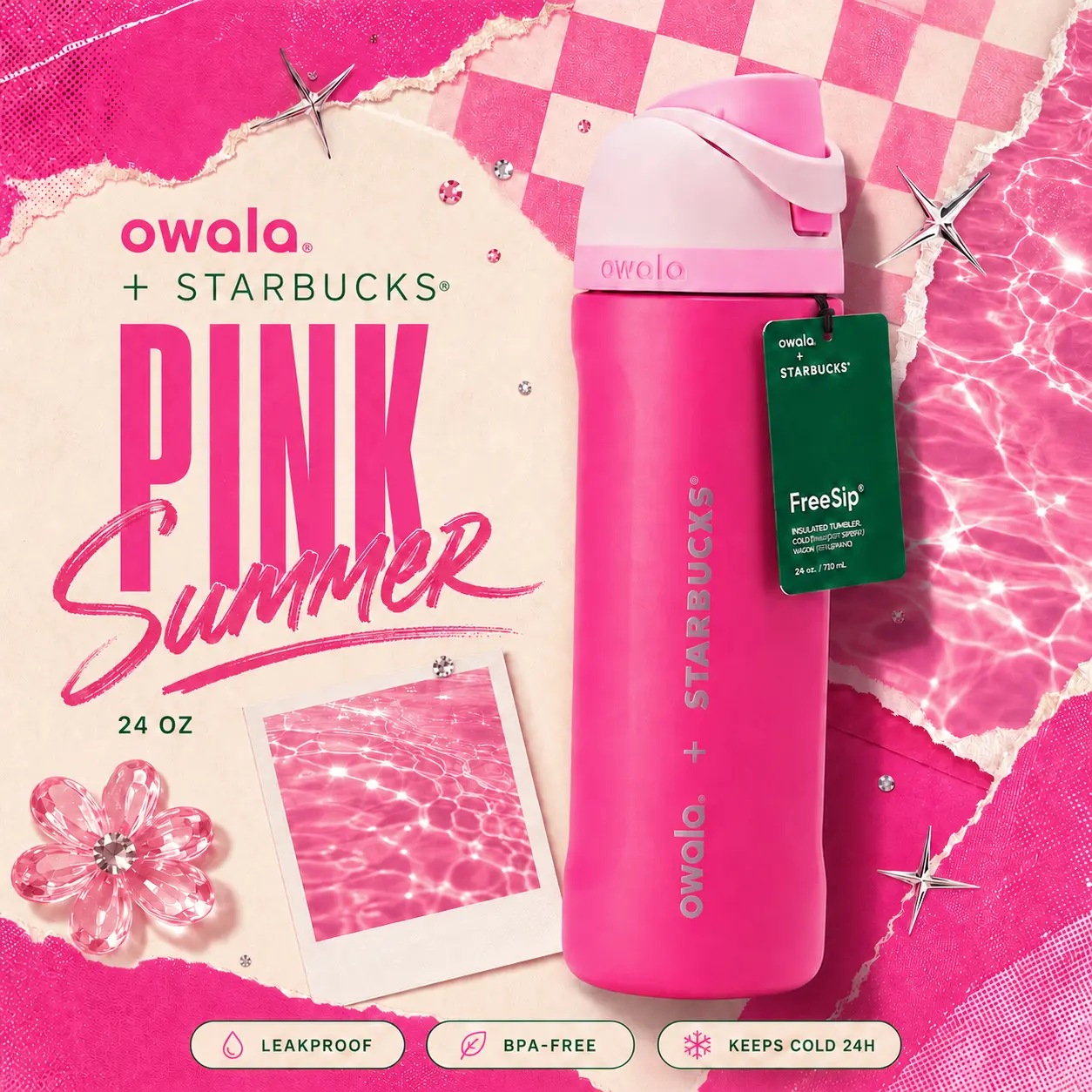 Owala Pink Starbucks 24oz Limited Edition Insulated Water Bottle Leakproof Stainless Steel Bottle TikTok Viral