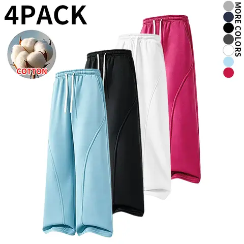 4‑Pack Men Cotton Wide‑Leg Sweatpants, Seam Detail Loose Oversized Pants, Drawstring Elastic Waist Casual Trousers for Fall Winter Back‑to‑School Daily Street & Workout Wear adventure unisex outdoor baggy breathable comfortable casual wear school season