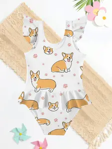 Comfortable Fashion Summer Girls' Casual Cool Dog Print Jumpsuit, Cute Sleeveless One-Piece Swimsuit, Birthday Gift, Beach, Outdoor