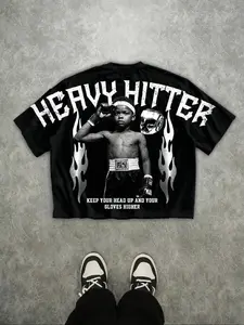 Men's Heavy Hitter Boxing Print T-Shirt, Casual Streetwear Fashion Fitted Design, Loose, All-Season Wear, Ideal for Gym & Sports Activities