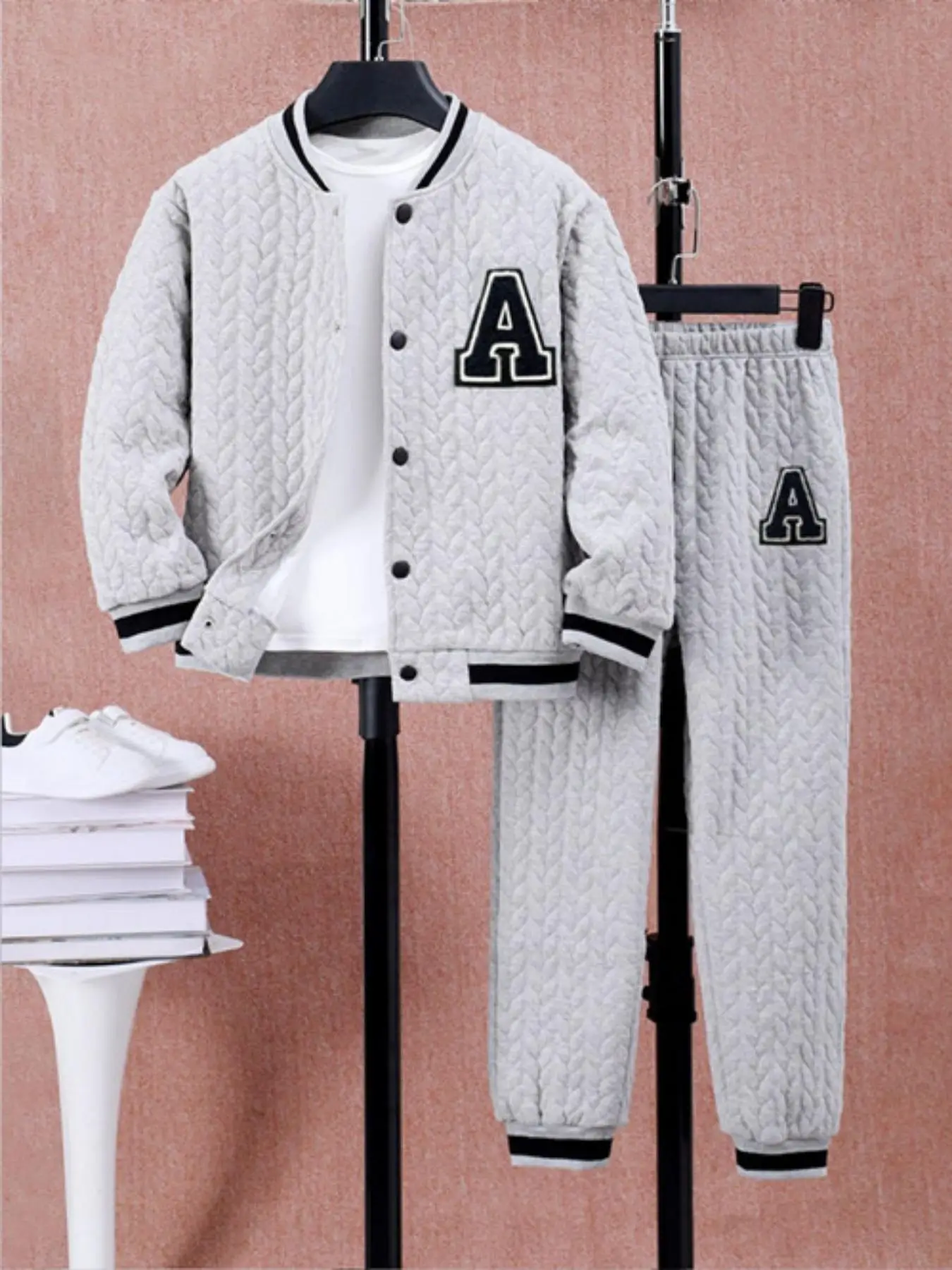Two-piece Set Boy's Letter Print Button Front Textured Varsity Jacket & Elastic Waist Pants Set, Casual Mock Neck Long Sleeve Outerwear & Trousers fo