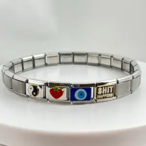 Italian Charm Bracelet Matte with Blue Eye, Yin Yang, Sh Happens, and Strawberry 7 1/2" Complete and ready to wear