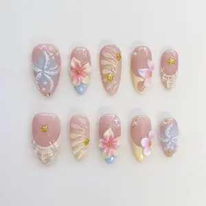 Starfish Bloom Elegance Press On Nails Short Almond Nails/Flower Nails/Yellow Nails